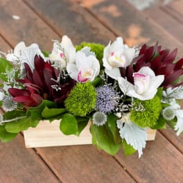 White orchids and burgundy flowers arranged in a wooden box