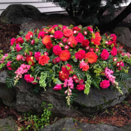 Bright pink and orange floral arrangement on a large rock