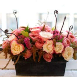 Pink and cream rose arrangement in a black rectangular container