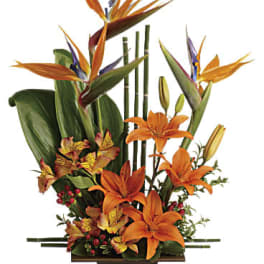 Orange lilies and bird of paradise in a rectangular vase
