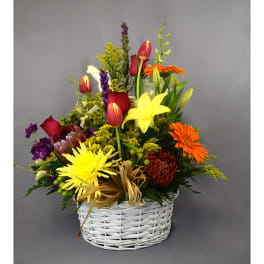 Mixed bouquet in a white wicker basket with bright tulips, lilies, and daisies