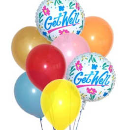 Cluster of colorful balloons, including two Get Well balloons