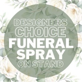 Floral sign reading designers choice funeral spray on stand