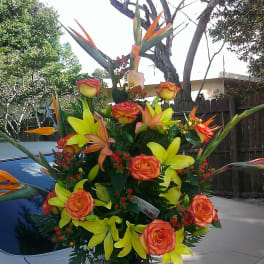 Roses, lilies, gladiolus, birds of paradise, hypericum