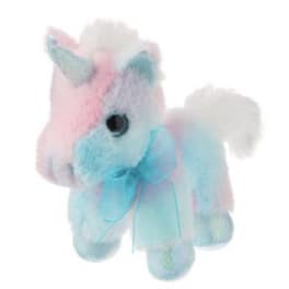Pastel plush unicorn with a blue ribbon bow