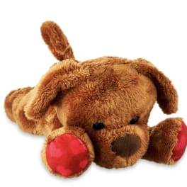 Plush brown dog toy with red paws on a white background