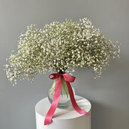 White baby's breath bouquet in a glass vase with a pink ribbon