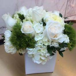 White roses and hydrangeas arranged in a white square vase