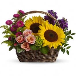 Basket arrangement with sunflowers, pink roses, and purple flowers