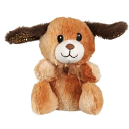 Plush dog toy with floppy ears and a ribbon bow