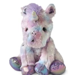 Pastel unicorn stuffed animal with iridescent hooves and a horn