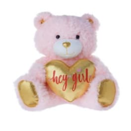 Pink teddy bear holding a gold heart with "hey girl" text