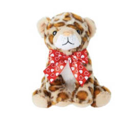 Plush leopard-print teddy bear with a red heart-patterned bow