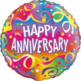Round foil balloon with "Happy Anniversary" text and colorful confetti design