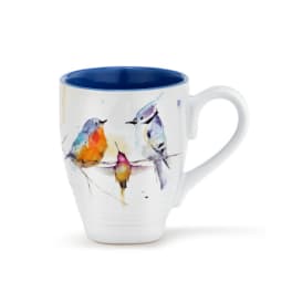 White mug with a blue interior and watercolor birds on the side