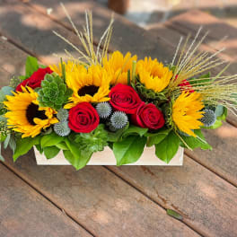 Sunflowers and red roses arranged in a white rectangular box
