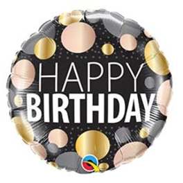 Round birthday balloon with black background and gold, silver, and blush dots
