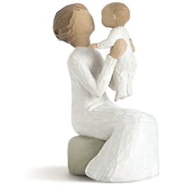 Two carved figures in white dresses seated together on a block