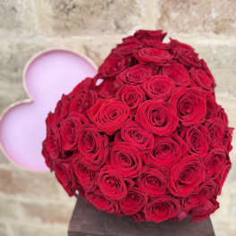 Heart-shaped arrangement of red roses with a pink heart backdrop