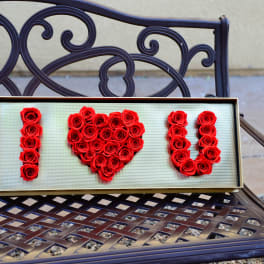 Framed red roses arranged to spell I love U