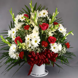 Red roses and white daisies in a white vase with a red bow
