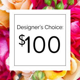 Designer’s choice $100 sign over a background of colorful roses