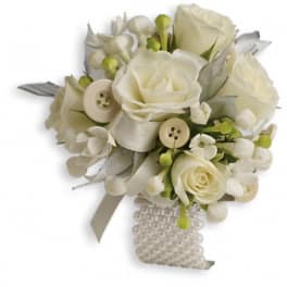 White rose bouquet with pearl handle and ribbon
