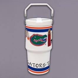 White insulated tumbler with a Florida Gators logo and handle lid