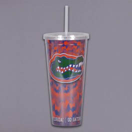 Clear tumbler with a Florida Gators logo and straw