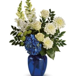 White and blue flower arrangement in a cobalt vase