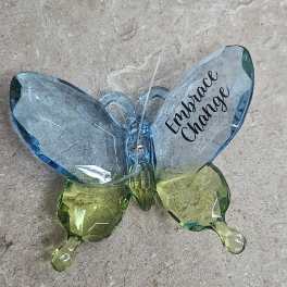 Blue and green glass butterfly ornament with "Embrace Change" text