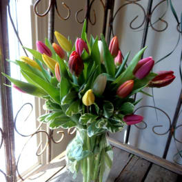 Bouquet of multicolored tulips in a clear glass vase