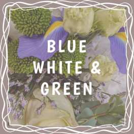 Blue, white, and green floral arrangement with white roses and purple blooms