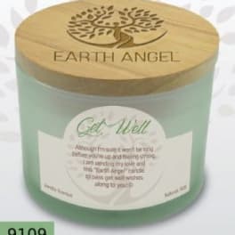 Mint-green candle jar with a wooden lid and Get Well label