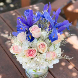 Pink roses and blue irises arranged in a glass vase