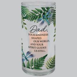 Glass candle holder with a memorial message and dragonfly design