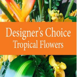 Tropical flower arrangement with orange and yellow blooms