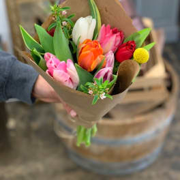 Handheld bouquet of colorful tulips wrapped in brown paper