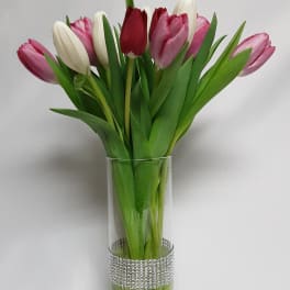 Bouquet of pink, white, and red tulips in a clear glass vase