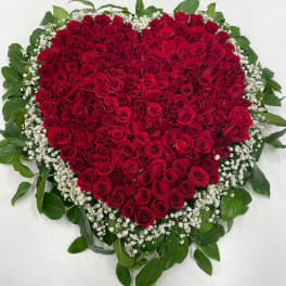 Heart-shaped arrangement of red roses framed by white filler flowers and green foliage