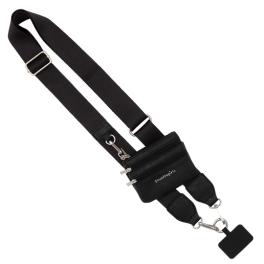 Black crossbody strap with a small zip pouch and metal clips