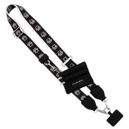 Black crossbody strap with white paw prints and a small zip pouch