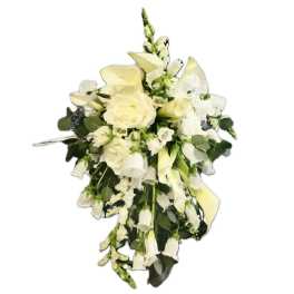 Cascading bouquet of white roses, calla lilies, and bell-shaped blooms.