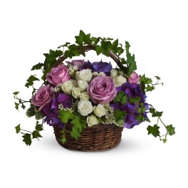 Lavender and white roses with purple hydrangeas and trailing ivy arranged in a wicker basket.