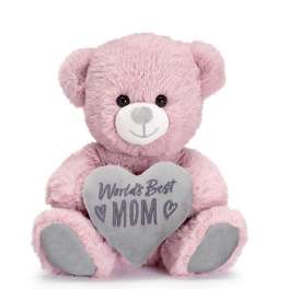 Pink teddy bear holding a gray heart pillow with 'World's Best Mom' text