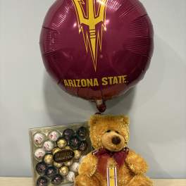 Arizona State balloon with a teddy bear and box of chocolates