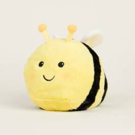 Yellow bee-shaped plush toy with a smiling face