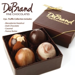 Box of four assorted chocolate truffles with a branded lid