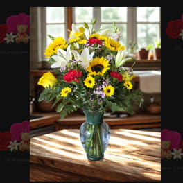 Mixed bouquet of sunflowers, lilies, roses, and carnations in a glass vase