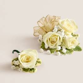 White Spray Rose Corsage & Boutonniere - GOLD